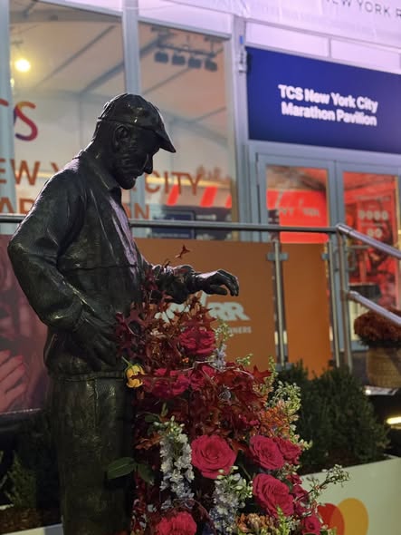 The Fred Lebow statue near the NYC Marathon finish line in Central Park, 2025
