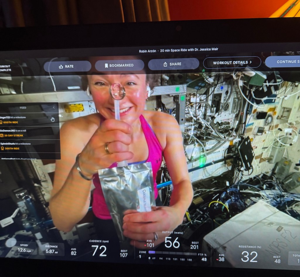 Peloton hydration break during the ride with Robin Arzón and astronaut Dr. Jessica Meir