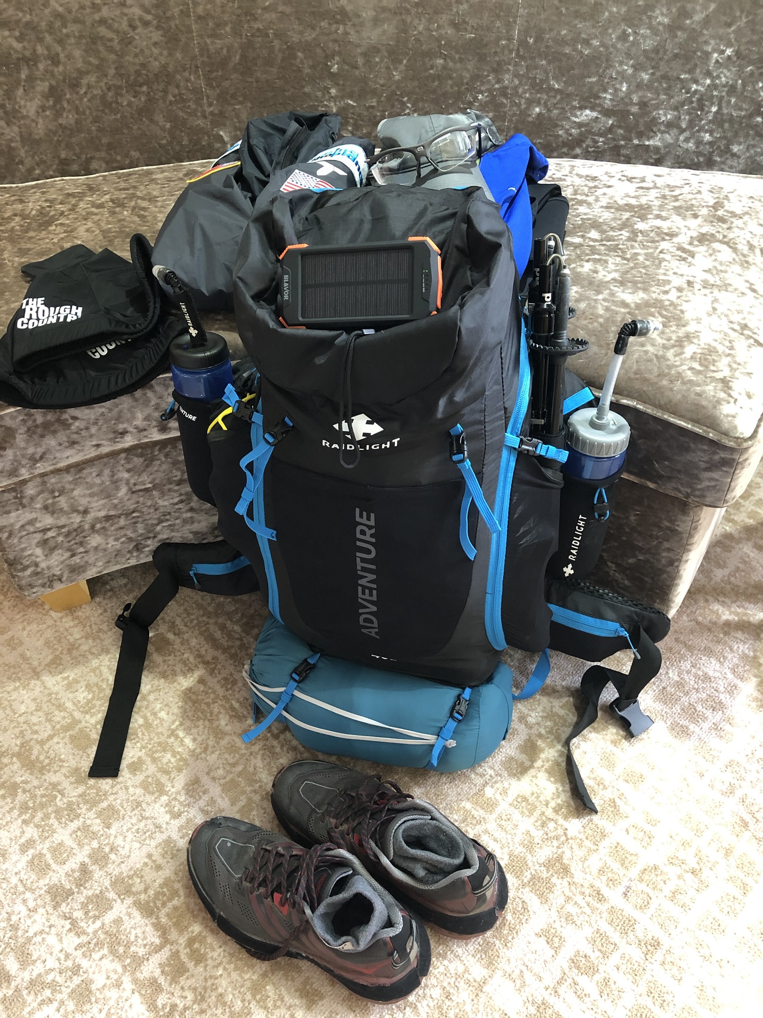 Race gear laid out before packing, Gobi 2024