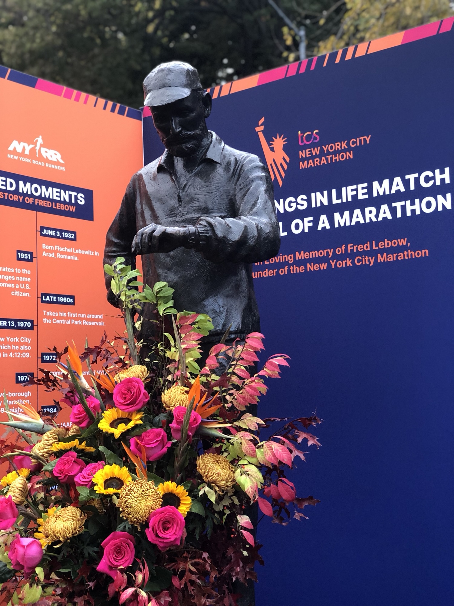 The Fred Lebow statue at the New York City Marathon finish line
